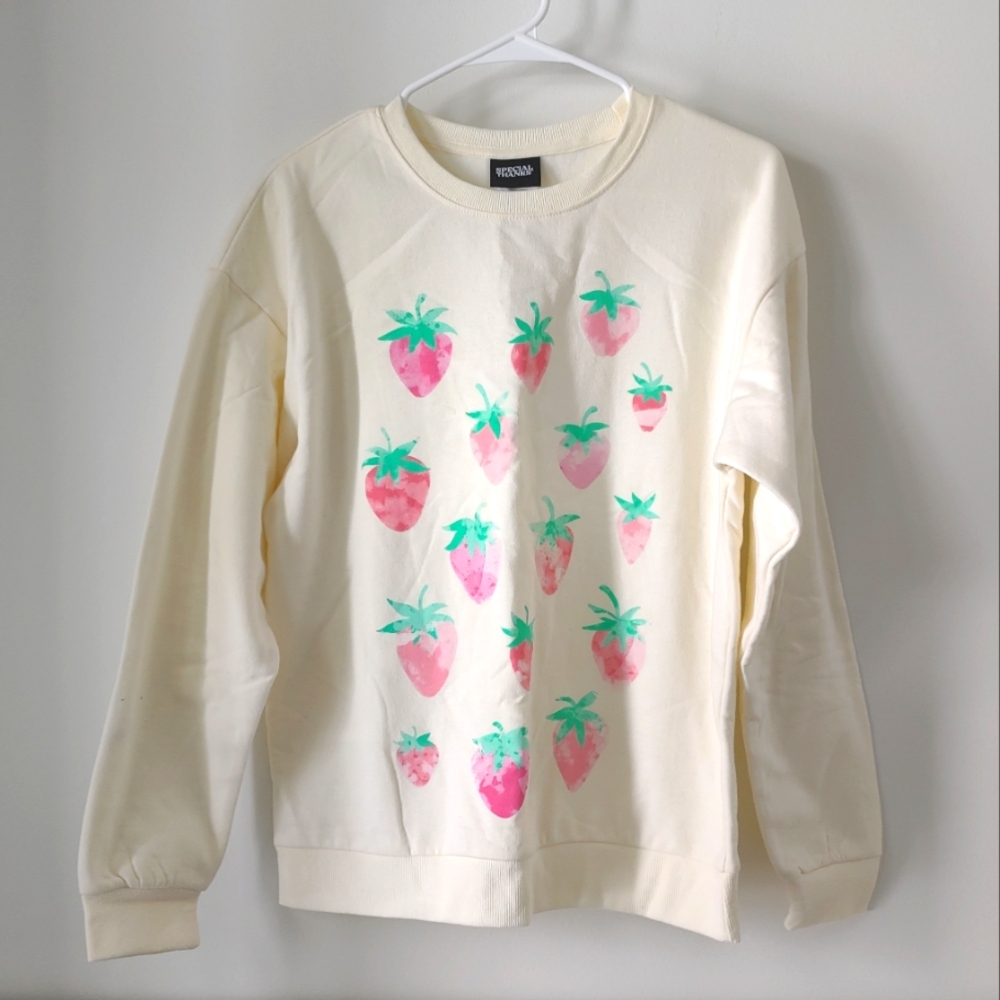 Special Thanks strawberry printed cream sweater, new with tags - S